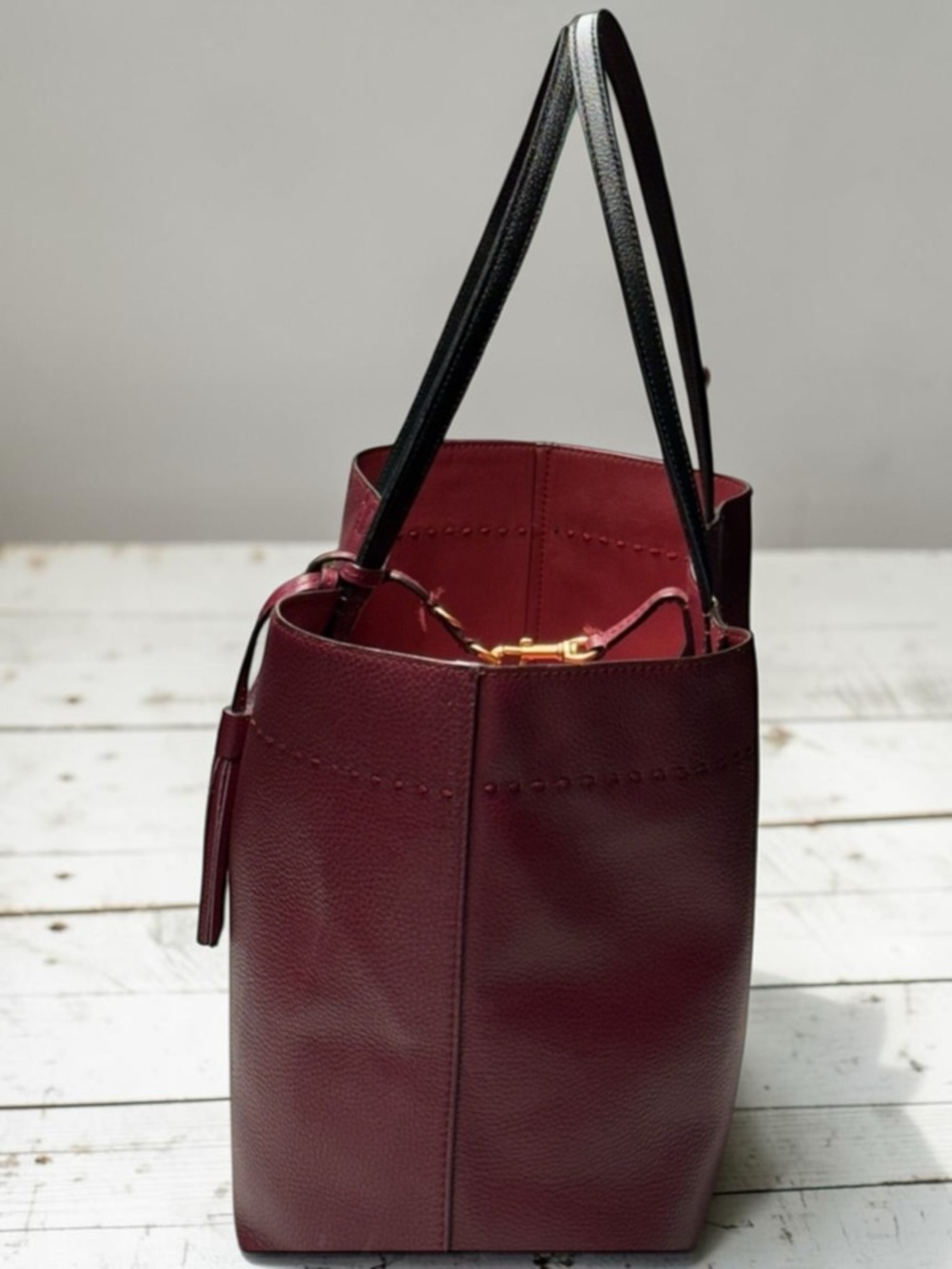 Tory Burch McGraw Leather Tote- Wine Red with Black Handles - Picture 5 of 15